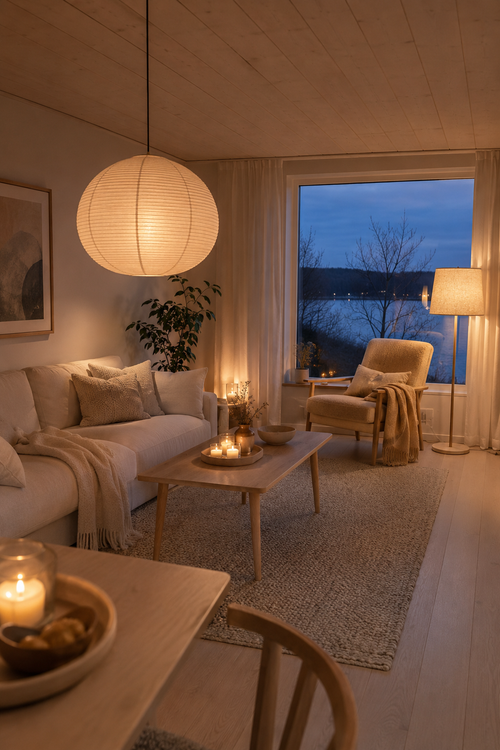Warm layered lighting in a cozy renovated home